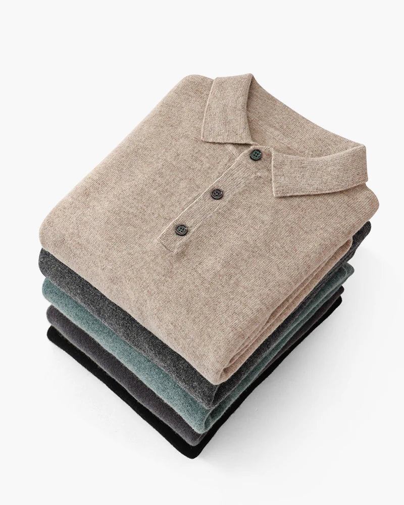 Saint Moritz 100% cashmere Kensington Classic Polo shirt in a close-up view showing the soft fabric and classic collar.