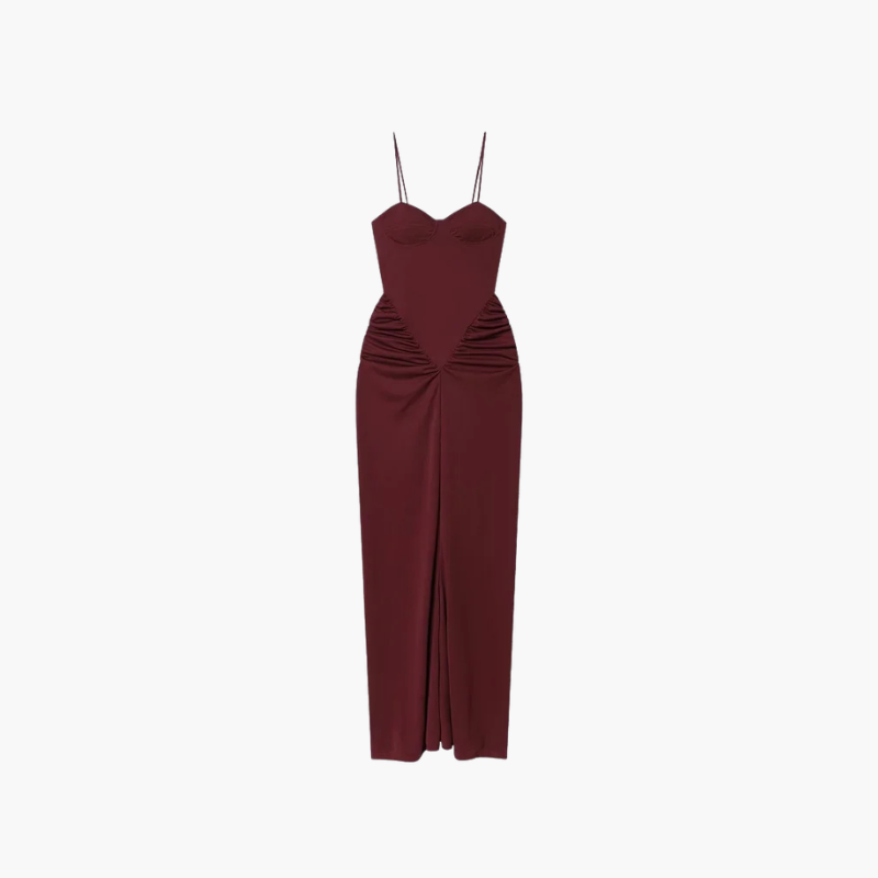 SAINT CLAIRE Riviera Satin Dress featuring a flowing design with a smooth satin fabric and elegant silhouette.