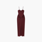 SAINT CLAIRE Riviera Satin Dress featuring a flowing design with a smooth satin fabric and elegant silhouette.