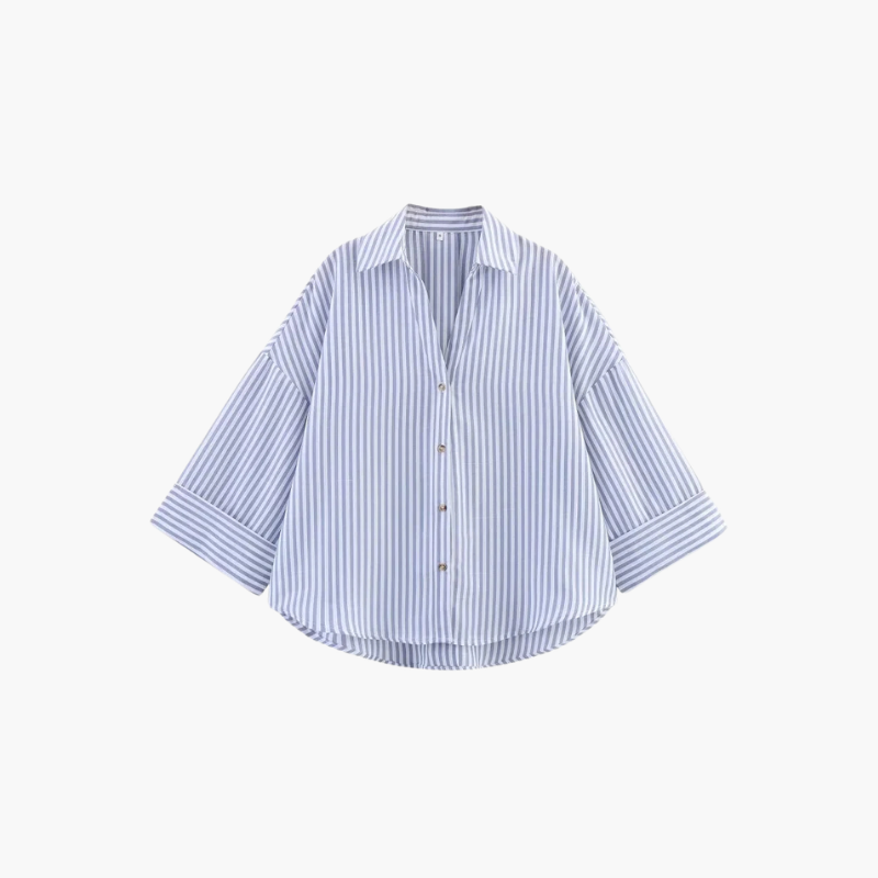 SAINT CLAIRE Sloane striped shirt featuring horizontal navy and white stripes, long sleeves, and a classic collar.