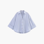 SAINT CLAIRE Sloane striped shirt featuring horizontal navy and white stripes, long sleeves, and a classic collar.