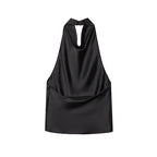 SAINT CLAIRE Noir satin backless camisole featuring a sleek, elegant design with smooth satin fabric and a daring backless style.