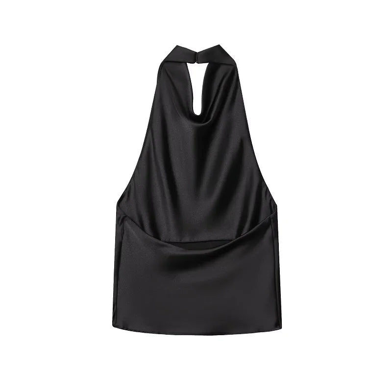 SAINT CLAIRE Noir satin backless camisole featuring a sleek, elegant design with smooth satin fabric and a daring backless style.