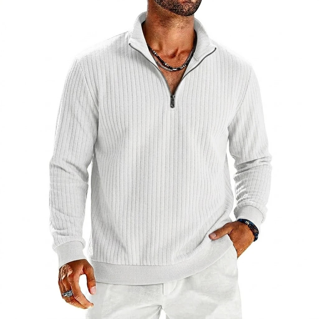 Saint Moritz Aspen Striped Half-Zip sweater featuring a cozy knit fabric and stylish striped pattern in neutral tones.