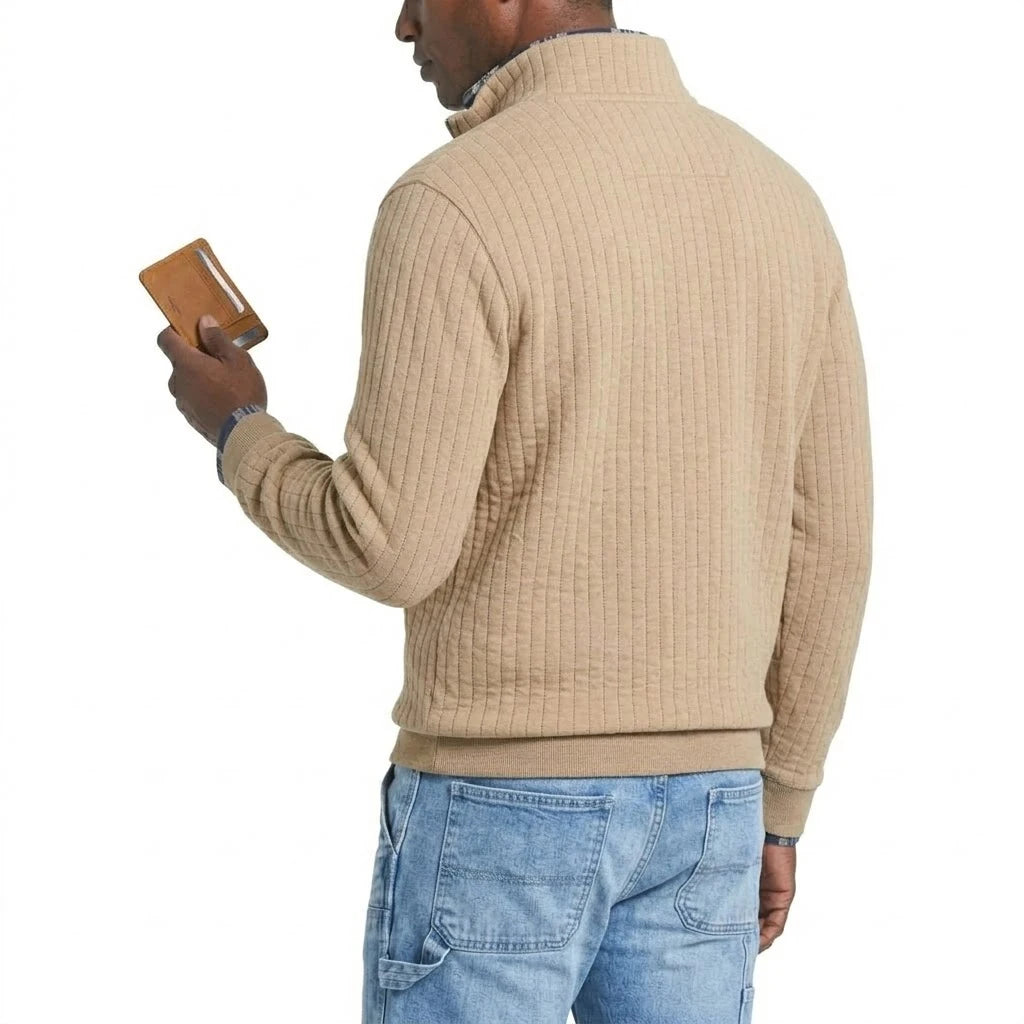Saint Moritz striped quarter-zip sweater featuring a classic design and comfortable fit, shown in a close-up of the fabric and collar.