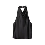 SAINT CLAIRE Noir satin backless camisole featuring a sleek, smooth satin fabric and a low back design for elegant style.