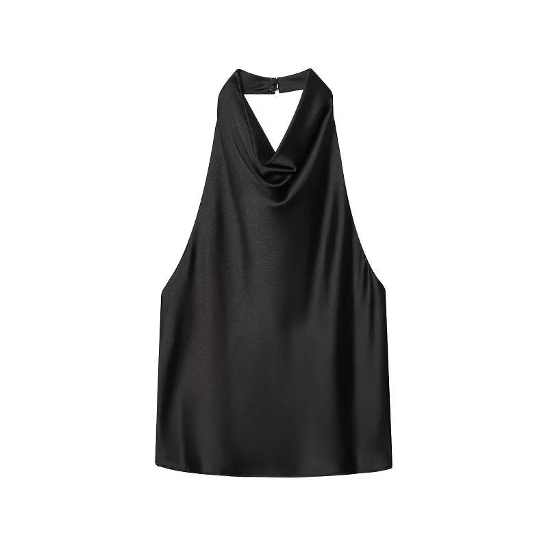 SAINT CLAIRE Noir satin backless camisole featuring a sleek, smooth satin fabric and a low back design for elegant style.