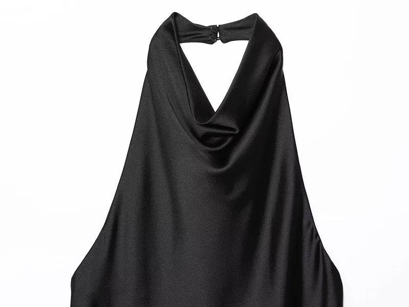 SAINT CLAIRE Noir satin backless camisole, sleek and elegant, featuring smooth fabric and a stylish backless design.