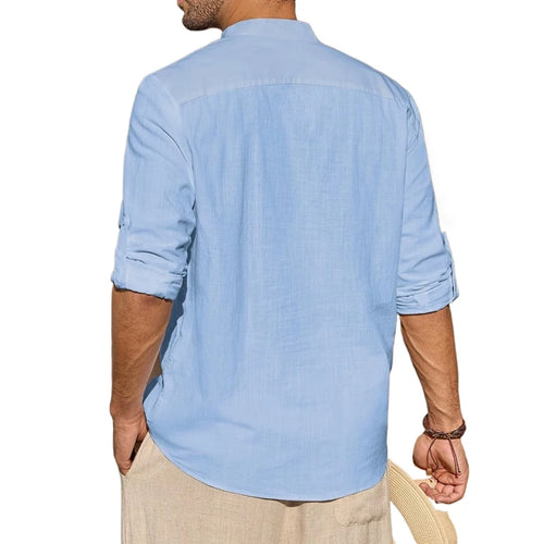 Saint Moritz Marbella stand collar shirt displayed on a hanger, featuring a sleek design with a button-up front and tailored fit.