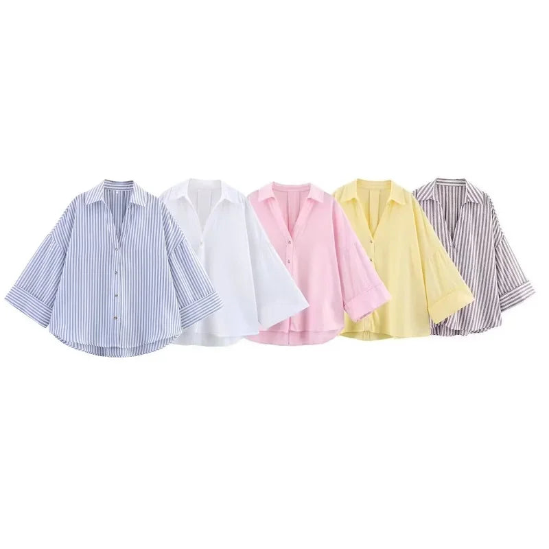SAINT CLAIRE Sloane striped shirt featuring a classic button-up design with blue and white horizontal stripes.