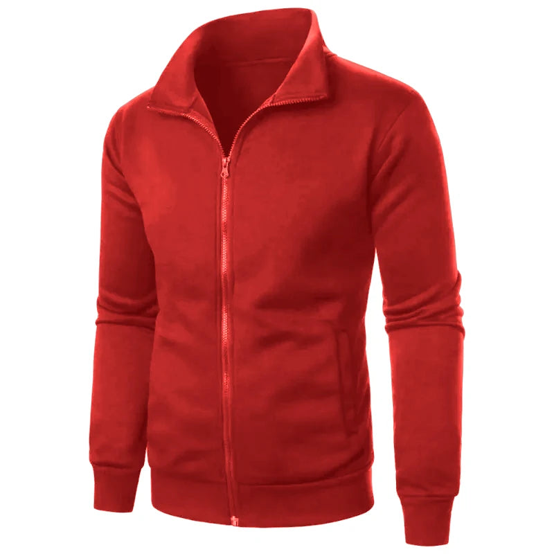 Saint Moritz Alpine zip-up knit jacket in navy, featuring a high collar and ribbed cuffs, displayed on a hanger.