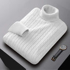 Saint Moritz Zermatt Turtleneck Cashmere Sweater in beige, soft knit with ribbed collar and cuffs, close-up of fabric texture.