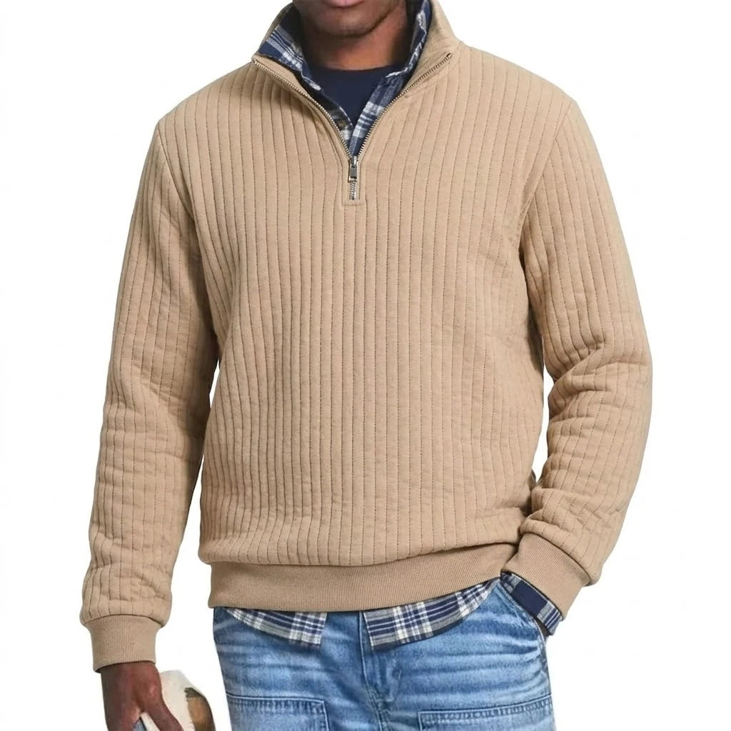 Saint Moritz striped quarter-zip sweater showing its stylish design and colorful horizontal stripes on the front.