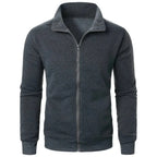 Saint Moritz Alpine zip-up knit jacket in cozy, textured fabric, displayed on a hanger against a plain background.