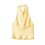 SAINT CLAIRE Noir satin backless camisole featuring smooth fabric, delicate straps, and a sleek, elegant design.
