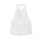 SAINT CLAIRE Noir satin backless camisole with adjustable straps and smooth, shiny fabric, perfect for elegant evening wear.