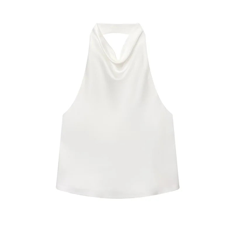 SAINT CLAIRE Noir satin backless camisole with adjustable straps and smooth, shiny fabric, perfect for elegant evening wear.