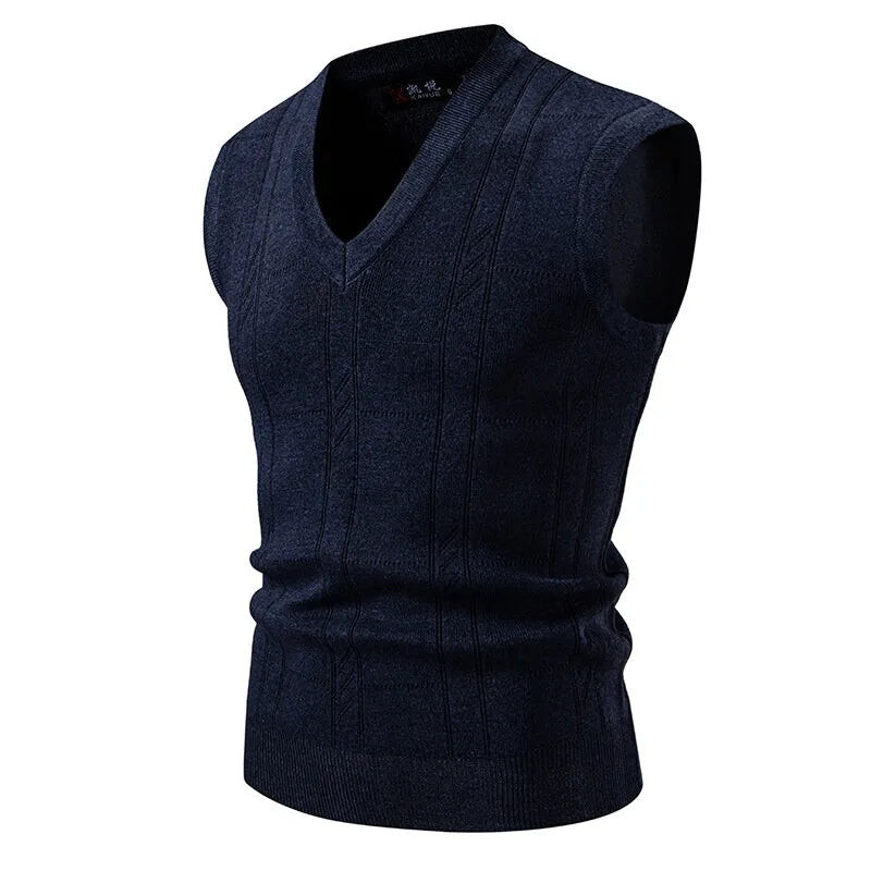 Saint Moritz Windsor sweater vest in navy with ribbed neckline and armholes, styled over a shirt for a classic layered look.