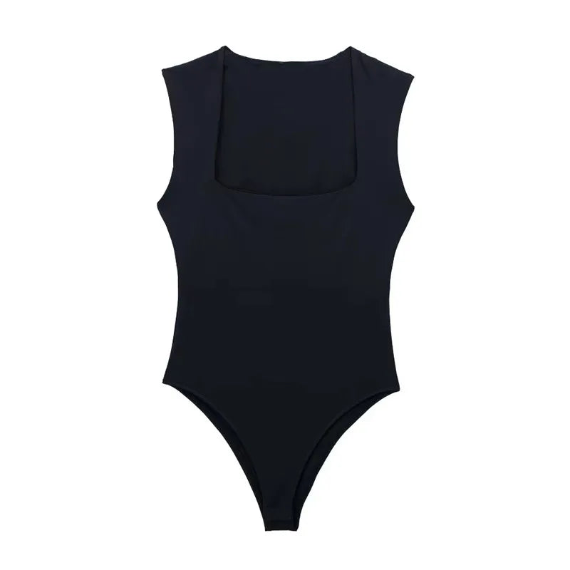 Saint Claire Épure Slim Bodysuit in black, close-up of sleek, fitted design with smooth fabric and high neckline.