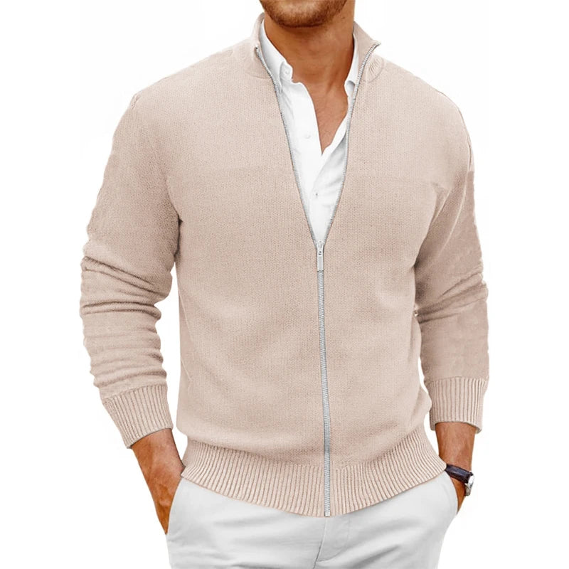 Saint Moritz Mont Blanc zip-up sweater in navy, featuring a high collar and ribbed cuffs, displayed on a hanger.