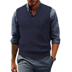 Saint Moritz Windsor Sweater Vest, navy blue knit vest with ribbed edges and V-neck design, displayed on a neutral background.