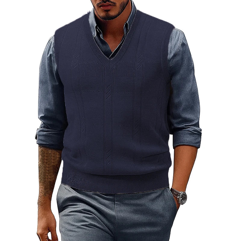 Saint Moritz Windsor Sweater Vest, navy blue knit vest with ribbed edges and V-neck design, displayed on a neutral background.