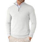 Saint Moritz Essential Winter Pullover, cozy knit sweater in neutral tones, displayed on a wooden background.