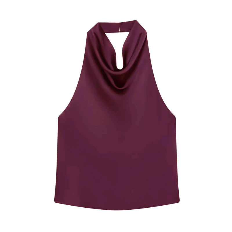 SAINT CLAIRE noir satin backless camisole showing smooth satin fabric and elegant backless design on a neutral background