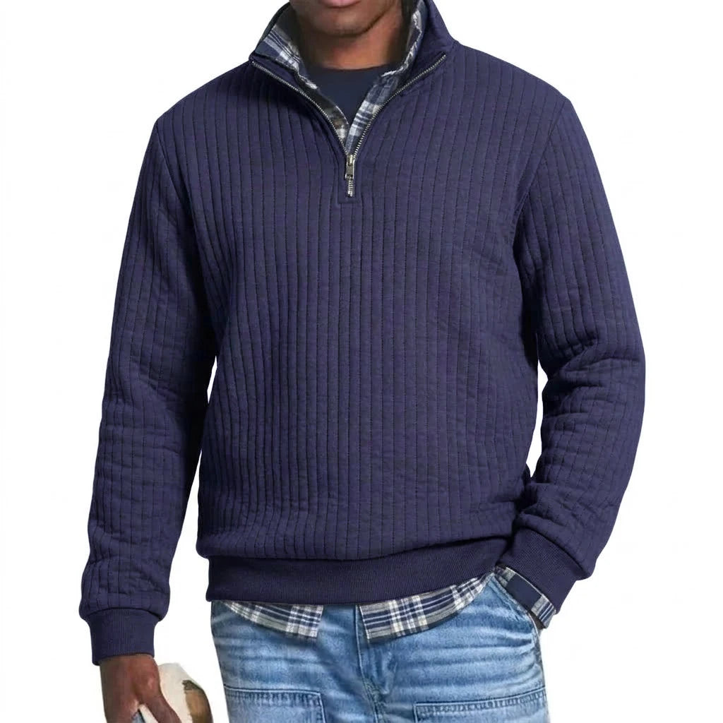 Saint Moritz St. Moritz striped quarter-zip sweater, close-up of the blue and white patterned fabric and quarter-zip collar.
