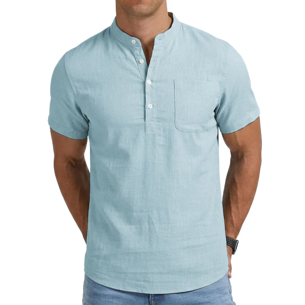 Saint Moritz Positano linen-style shirt displayed on a mannequin, featuring a lightweight, casual design with a button-up front.