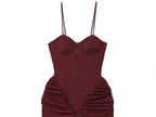 SAINT CLAIRE Riviera Satin Dress displayed on a hanger, showcasing the elegant, smooth satin fabric and classic design.