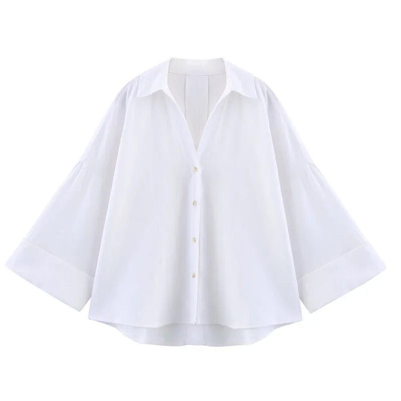 SAINT CLAIRE Sloane striped shirt featuring a classic design with blue and white horizontal stripes, short sleeves, and a collar.