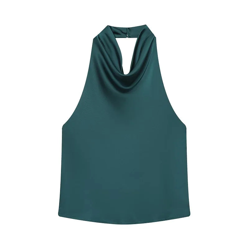 Saint Claire Noir satin backless camisole displayed on a hanger, showcasing its smooth satin fabric and elegant backless design.