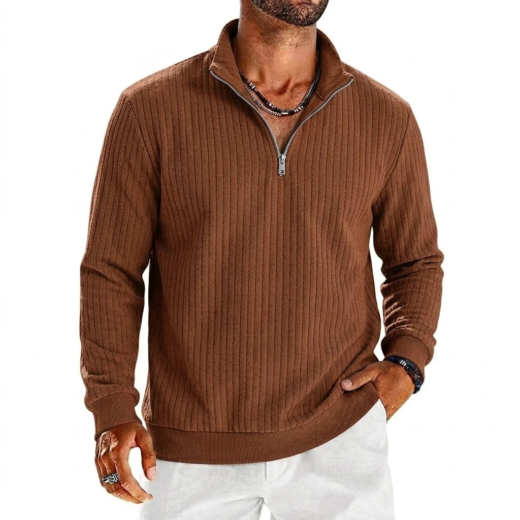 Saint Moritz Aspen Striped Half-Zip sweatshirt showing a close-up of the striped fabric and half-zip collar.