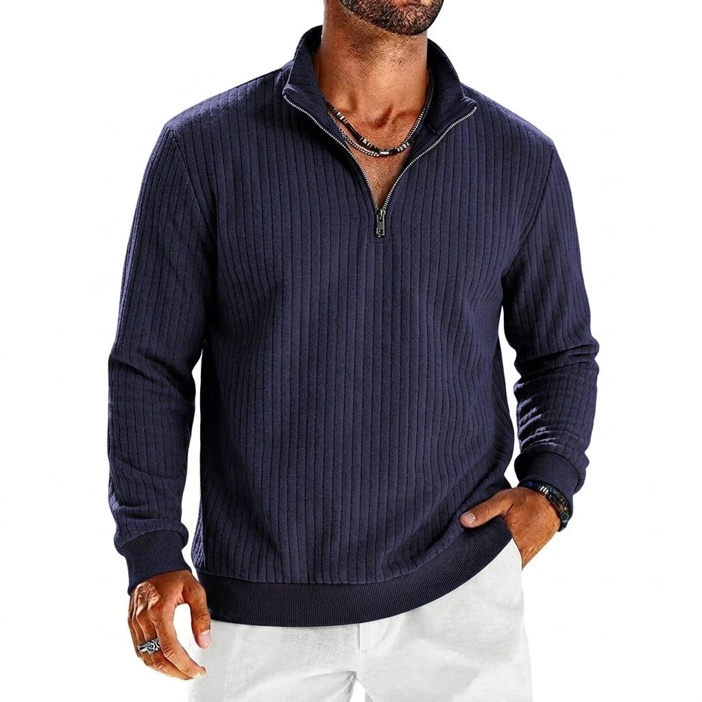 Saint Moritz Aspen Striped Half-Zip sweater with a close-up view of the striped pattern and half-zip collar.