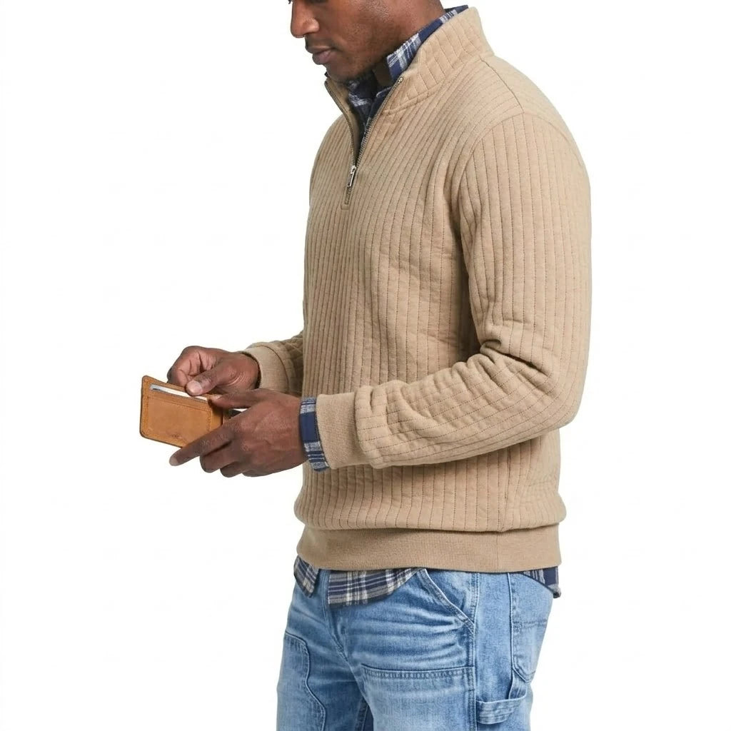 Saint Moritz striped quarter-zip sweater with a high collar and bold horizontal stripes, styled for casual wear.