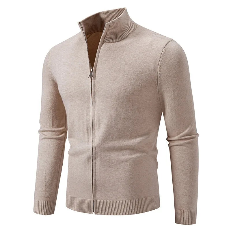 Saint Moritz Mont Blanc zip-up sweater, gray knitted sweater featuring a full front zipper and ribbed cuffs, displayed on a hanger.