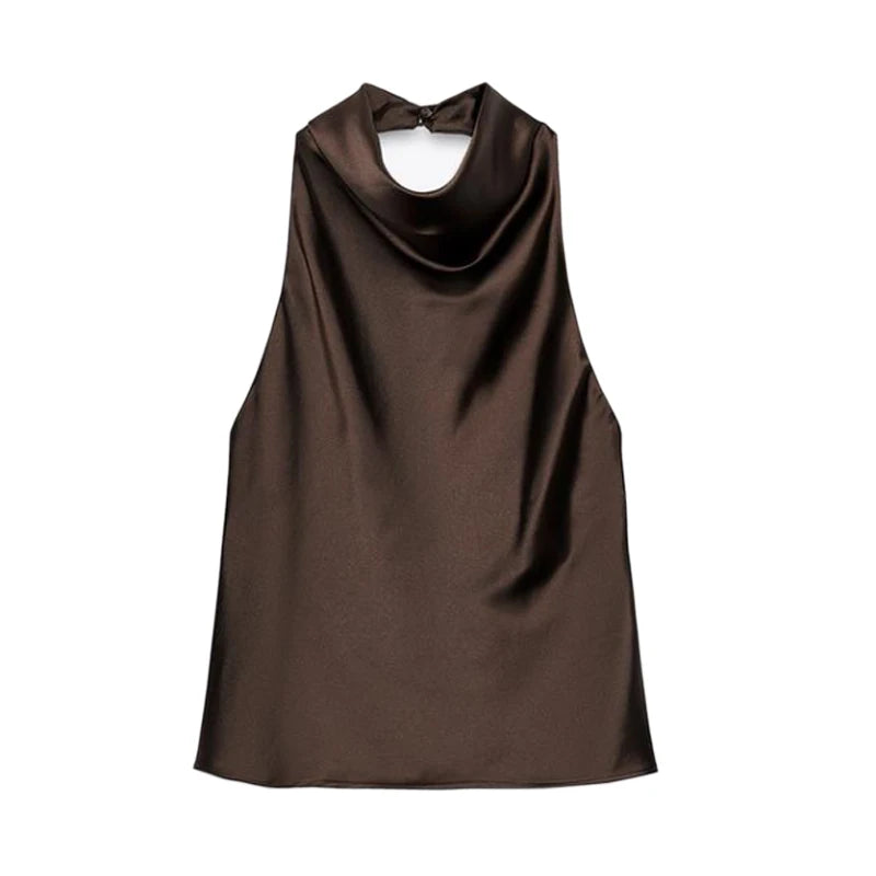 Black satin backless camisole by SAINT CLAIRE, featuring a smooth satin fabric and stylish backless design.