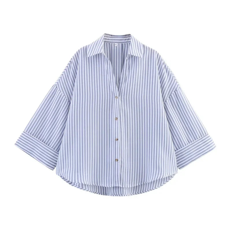 SAINT CLAIRE Sloane striped shirt with long sleeves, featuring blue and white horizontal stripes, casual button-up design.