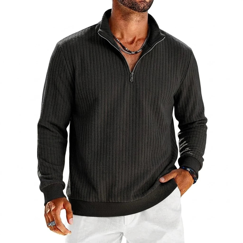 Saint Moritz Aspen Striped Half-Zip sweater featuring a close-up of the ribbed collar and colorful striped pattern.