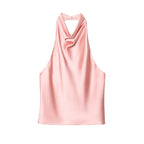 Black satin backless camisole by SAINT CLAIRE, featuring a sleek, smooth fabric and elegant backless design.