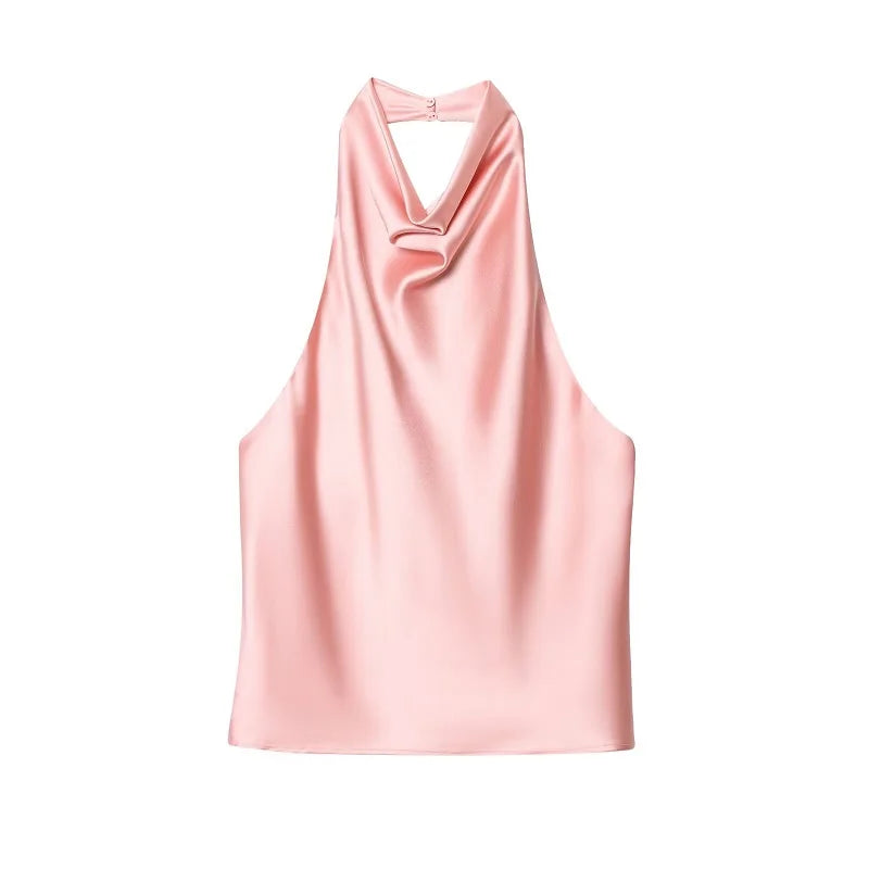 Black satin backless camisole by SAINT CLAIRE, featuring a sleek, smooth fabric and elegant backless design.
