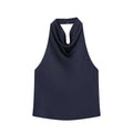 SAINT CLAIRE Noir satin backless camisole with smooth fabric and delicate straps, displayed on a neutral background.