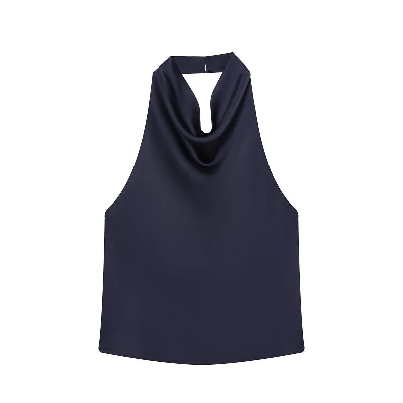 SAINT CLAIRE Noir satin backless camisole with smooth fabric and delicate straps, displayed on a neutral background.