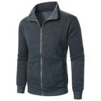 Saint Moritz alpine zip-up knit jacket shown in gray with a high collar and front zipper, casual and warm winter outerwear