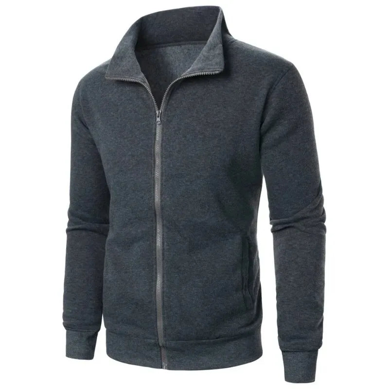 Saint Moritz alpine zip-up knit jacket shown in gray with a high collar and front zipper, casual and warm winter outerwear