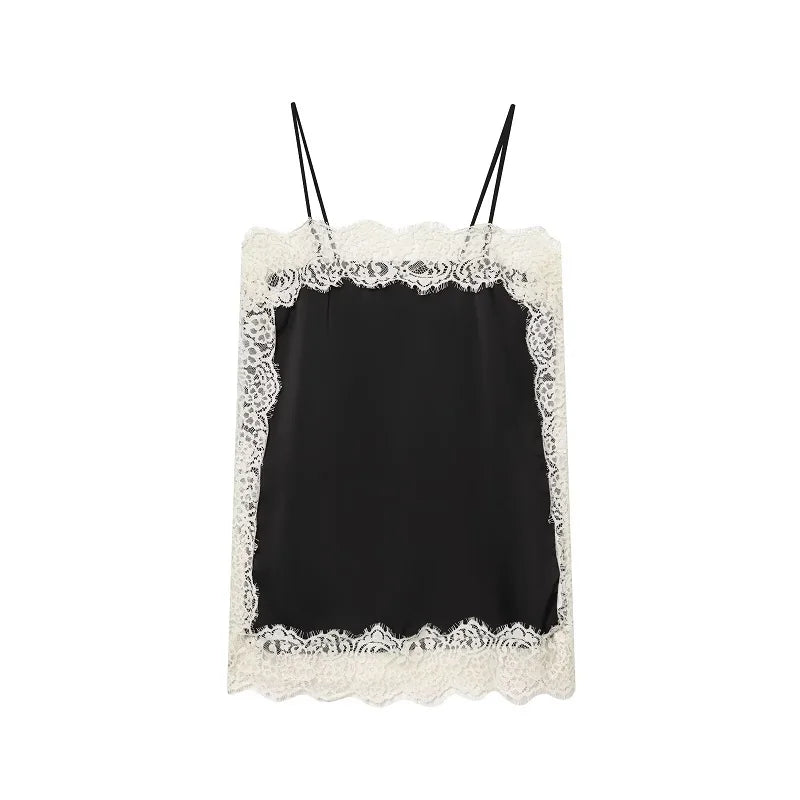 SAINT CLAIRE velour lace camisole featuring delicate lace details and soft velour fabric, shown in a close-up view.