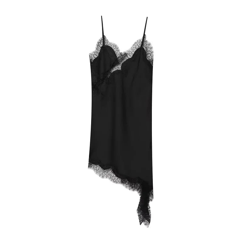 Saint Claire Selene asymmetrical mini dress shown in dark fabric with a stylish, modern design and unique hemline.