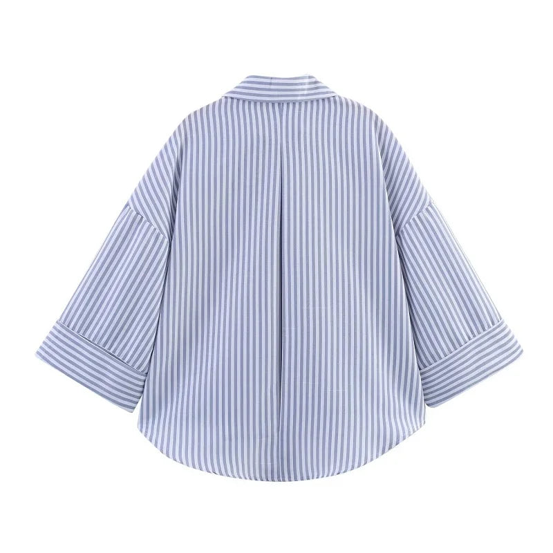 SAINT CLAIRE Sloane striped shirt with long sleeves and button-up front, featuring blue and white horizontal stripes.