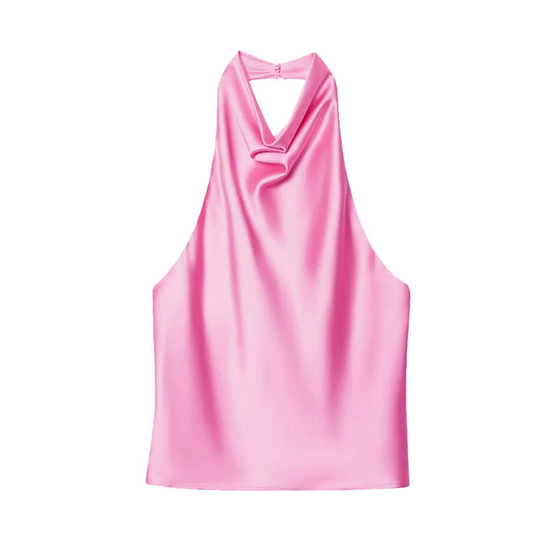 Saint Claire Noir Satin Backless Camisole featuring smooth satin fabric and a sleek backless design for elegant evening wear.